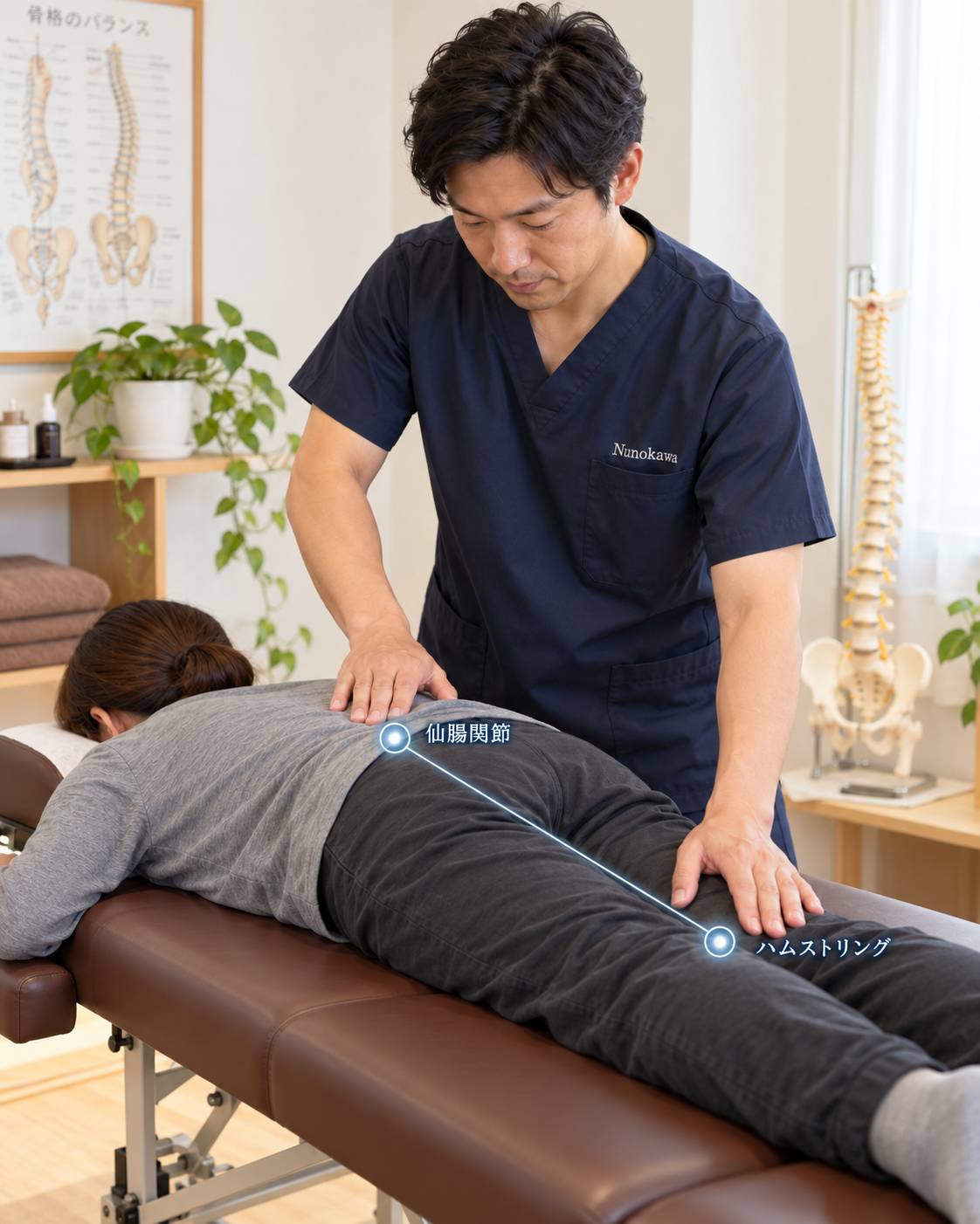 仙腸関節とハムストリングの2点に触れる施術のイメージ