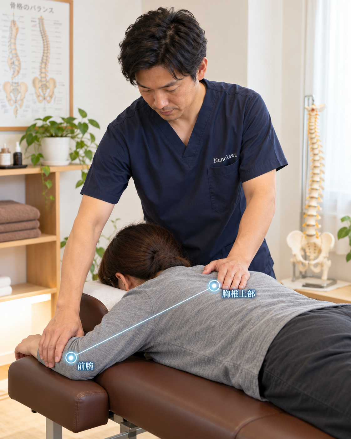 前腕と胸椎上部の2点に触れる施術のイメージ